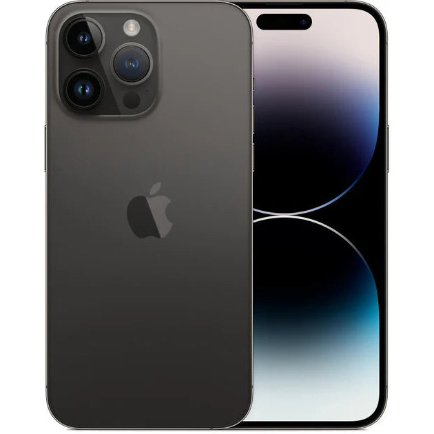 Black iPhone 14 Pro Max showing front and back on a white background